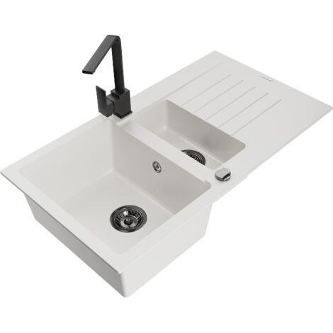Mexen Matias lavello in granito 1,5 vasche con scolapiatti e miscelatore cucina Rita, bianco - 6502-20-670300-70