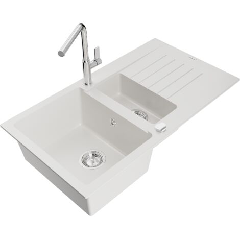 Mexen Matias lavello in granito 1,5 vasche con scolapiatti e miscelatore Flora, bianco - 6502-20-670401-00