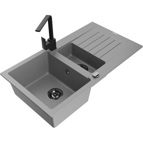 Mexen Matias lavello in granito 1,5 vasche con scolapiatti e rubinetto cucina Rita, grigio - 6502-71-670300-70-B