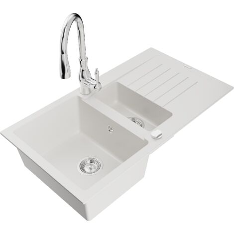 Mexen Matias lavello in granito 1,5 vasche con scolapiatti e rubinetto cucina Savita, bianco - 6502-20-672601-00