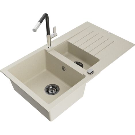Mexen Matias lavello in granito 1,5 vasche con scolapiatti e rubinetto da cucina Flora, beige - 6502-69-670401-07-B