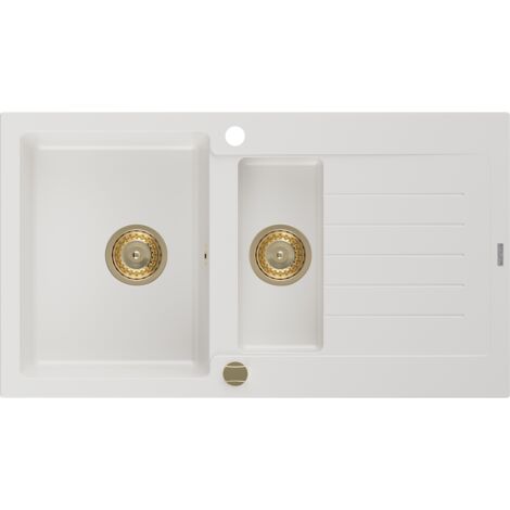 Mexen Matias lavello in granito 1,5 vasche con sgocciolatoio 900 x 505 mm, bianco, sifone dorato - 6502901505-20-G