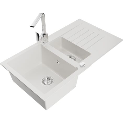 Mexen Matias lavello in granito 1,5 vasche con sgocciolatoio e miscelatore cucina Rita, bianco - 6502-20-670300-00