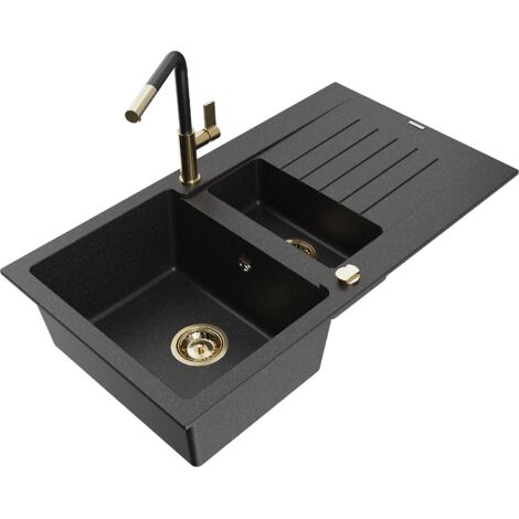 Mexen Matias lavello in granito 1,5 vasche con sgocciolatoio e rubinetto cucina Flora, nero/argento - 6502-73-670401-57-G