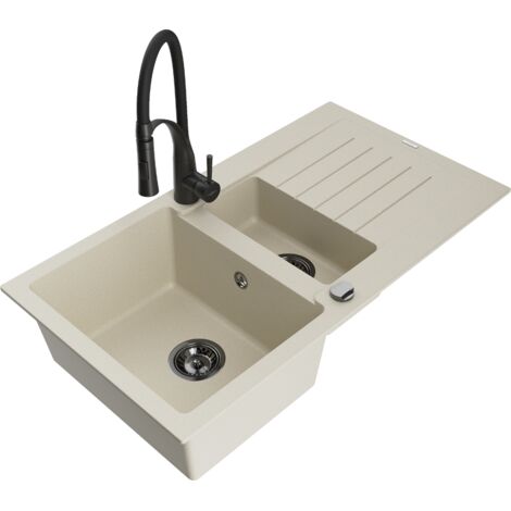 Mexen Matias lavello in granito 1,5 vasche con sgocciolatoio e rubinetto da cucina Aster, beige - 6502-69-73450-70-B