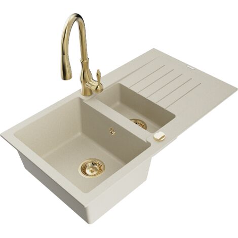 Mexen Matias lavello in granito a 1,5 vasche con gocciolatoio e rubinetto da cucina Savita, beige - 6502-69-672601-50