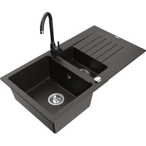 Mexen Matias lavello in granito a 1,5 vasche con scola e miscelatore cucina Telma, nero/oro - 6502-75-670200-70