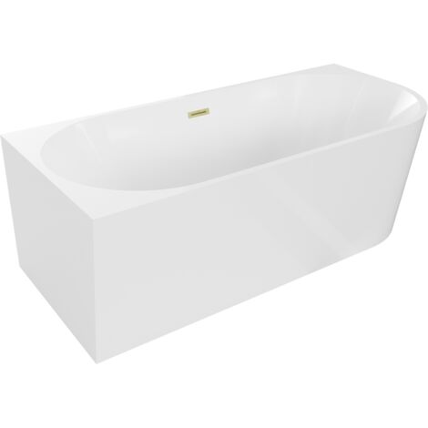 Mexen Mia freistehende Eckbadewanne links 140 x 75 cm, weiß, Überlauf gebürstet gold - 52691407500L-55