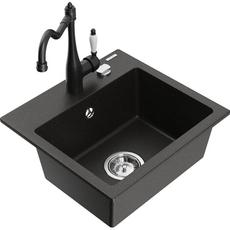 Mexen Milo 1-Becken-Granit-Spüle mit Mischbatterie Carla, Schwarz/Gold metallisch - 6505-75-670700-7