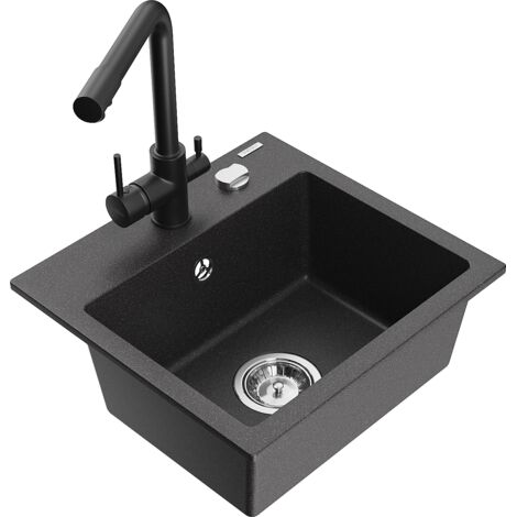 Mexen Milo 1-Becken-Granit-Spüle mit Mischbatterie Duero, Schwarz gesprenkelt - 6505-76-671600-70