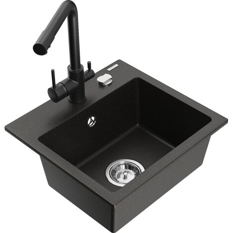 Mexen Milo 1-Becken-Granit-Spüle mit Mischbatterie Duero, Schwarz/Gold metallisch - 6505-75-671600-7