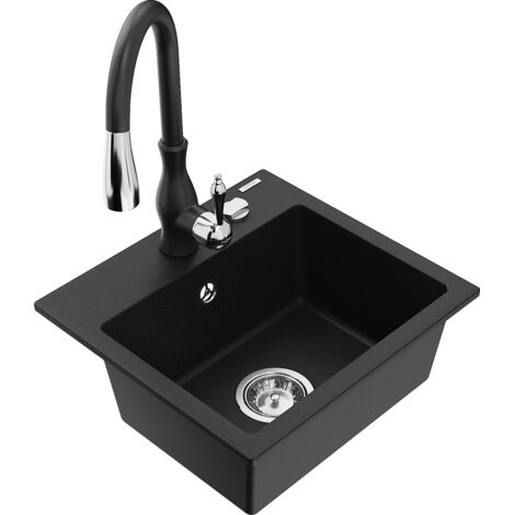Mexen Milo 1-Becken-Granit-Spüle mit Mischbatterie Savita, Schwarz - 6505-77-672601-70