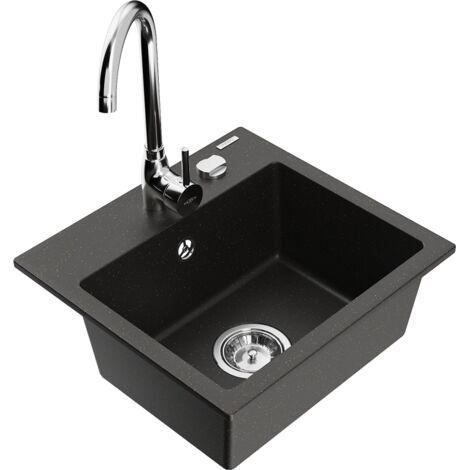 Mexen Milo 1-Becken-Granit-Spüle mit Mischbatterie Telma, Schwarz/Gold - 6505-75-670200-00