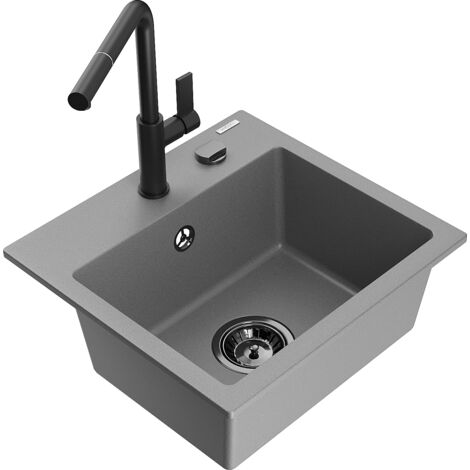 Mexen Milo 1-Becken-Granitspüle mit Mischbatterie Flora, Grau - 6505-71-670401-70-B