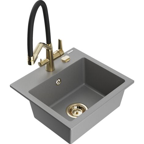 Mexen Milo évier en granit 1 bac avec mitigeur de cuisine Duo, gris - 6505-71-671701-57-G