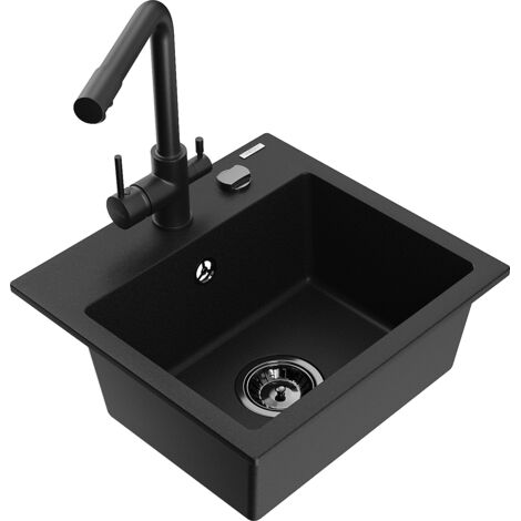 Mexen Milo évier en granit 1 bac avec robinet de cuisine Duero, noir - 6505-77-671600-70-B