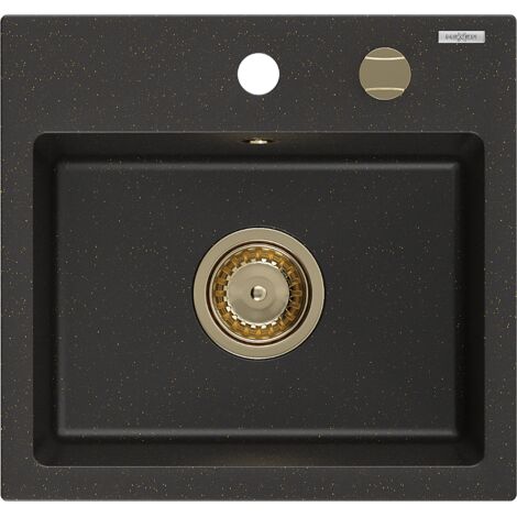 Mexen Milo évier en granit à 1 cuve 435 x 410 mm, Noir/Or métallique, siphon Or - 6505441000-75-G