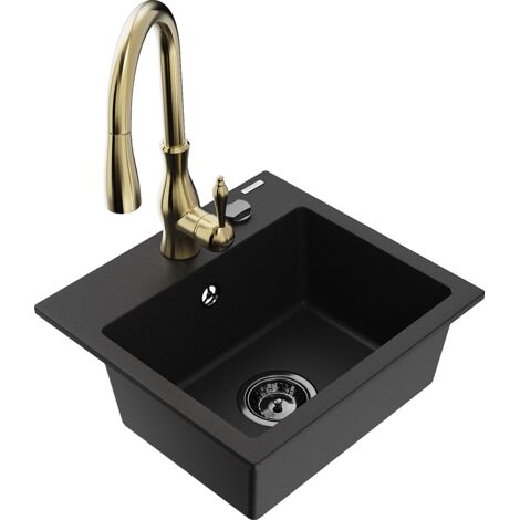 Mexen Milo fregadero de cocina de granito de 1 seno con grifo de cocina Savita, negro - 6505-77-672601-50-B