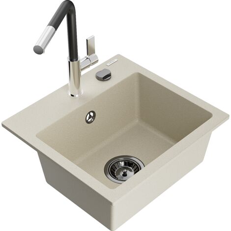 Mexen Milo fregadero de granito de 1 compartimento con grifo de cocina Flora, beige - 6505-69-670401-07-B