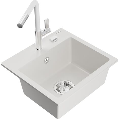 Mexen Milo fregadero de granito de 1 compartimento con grifo de cocina Flora, blanco - 6505-20-670401-02