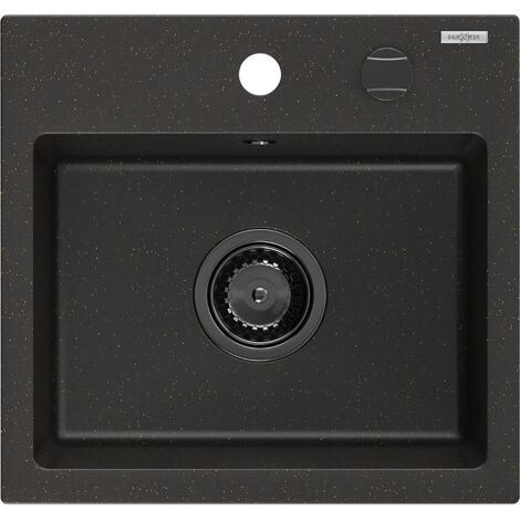 Mexen Milo fregadero de granito de 1 cubeta 435 x 410 mm, negro/dorado met谩lico, sif贸n negro - 6505441000-75-B