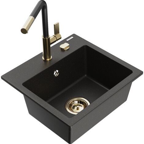 Mexen Milo fregadero de granito de 1 cubeta con grifo de cocina Flora, negro/oro met谩lico - 6505-75-670401-57-G