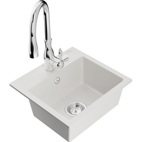 Mexen Milo fregadero de granito de 1 cubeta con grifo de cocina Savita, blanco - 6505-20-672601-00