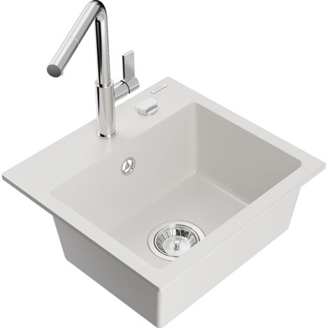 Mexen Milo fregadero de granito de 1 seno con grifo de cocina Flora, blanco - 6505-20-670401-00