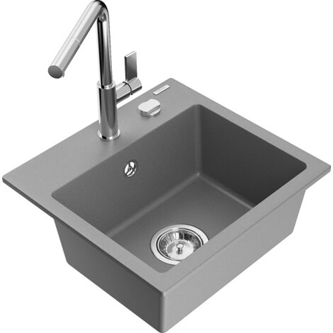 Mexen Milo fregadero de granito de 1 taz贸n con grifo de cocina Flora, gris - 6505-71-670401-00