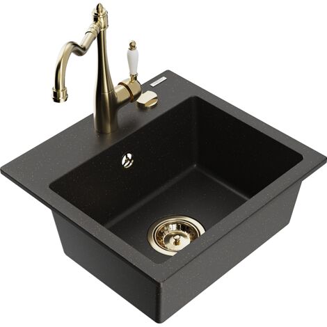 Mexen Milo lavello da cucina in granito 1-vasca con miscelatore cucina Carla, nero/oro metallico - 6505-75-670700-50