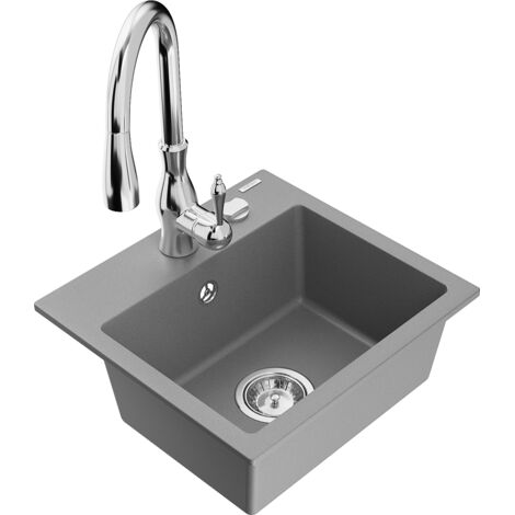 Mexen Milo lavello da cucina in granito 1-vasca con miscelatore cucina Savita, grigio - 6505-71-672601-00
