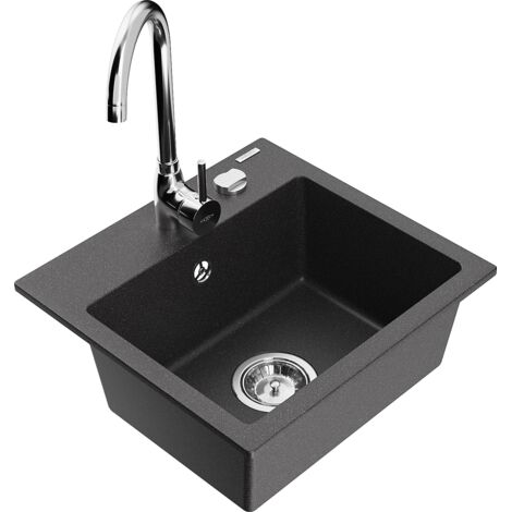 Mexen Milo lavello da cucina in granito 1-vasca con miscelatore Telma, nero maculato - 6505-76-670200-00