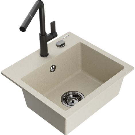 Mexen Milo lavello da cucina in granito a 1 vasca con rubinetto Flora, beige - 6505-69-670401-70-B