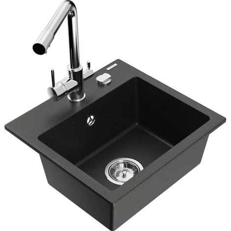 Mexen Milo lavello da cucina in granito con 1 vasca e rubinetto Duero, nero/oro metallico - 6505-75-671600-00
