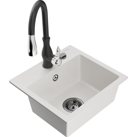 Mexen Milo lavello da cucina in granito con 1 vasca e rubinetto Savita, bianco - 6505-20-672601-70