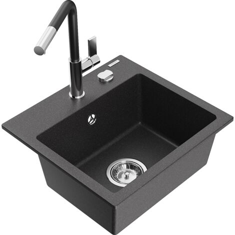 Mexen Milo lavello in granito 1-vasca con miscelatore cucina Flora, nero punteggiato - 6505-76-670401-07