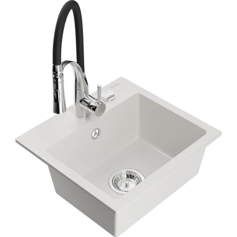 Mexen Milo lavello in granito 1-vasca con rubinetto da cucina Aster, bianco - 6505-20-73450-07