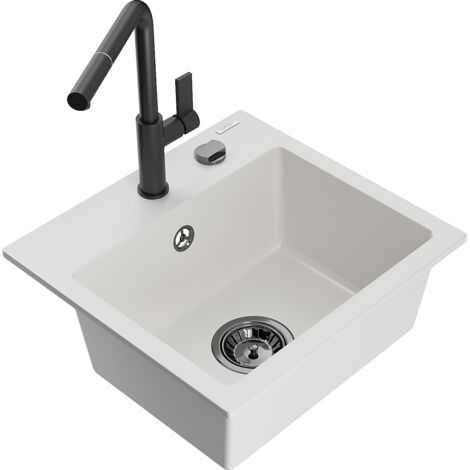 Mexen Milo lavello in granito 1-vasca con rubinetto da cucina Flora, bianco - 6505-20-670401-70-B