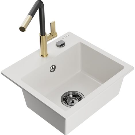 Mexen Milo lavello in granito a 1 vasca con miscelatore cucina Flora, bianco - 6505-20-670401-57-B