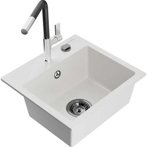 Mexen Milo lavello in granito a 1 vasca con miscelatore da cucina Flora, bianco - 6505-20-670401-07-B