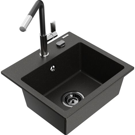 Mexen Milo lavello in granito a 1 vasca con miscelatore da cucina Flora, nero/oro metallizzato - 6505-75-670401-07-B