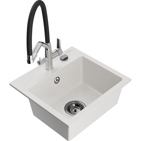 Mexen Milo lavello in granito a 1 vasca con rubinetto da cucina Duo, bianco - 6505-20-671701-07-B