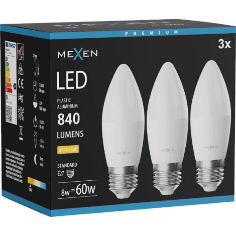 Mexen Nova 3x Ampoule LED E27, C37, 8W, Chaude - 3000K, 840 lm - L102-E27-0830-01x03