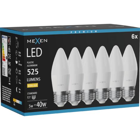 Mexen Nova 6x Ampoule LED E27, C37, 5W, Chaude - 3000K, 525 lm - L102-E27-0530-01x06
