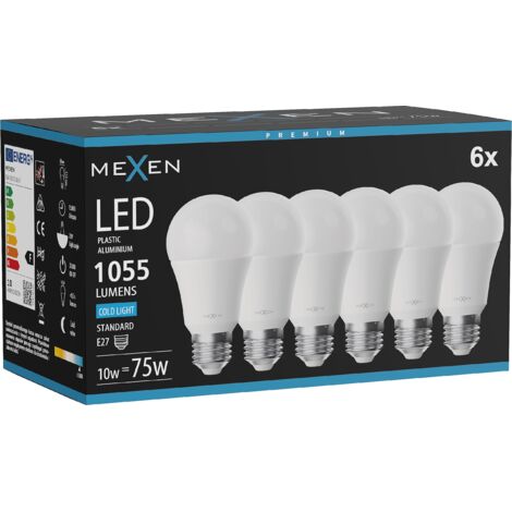 Mexen Nova 6x LED-Glühbirne E27, A60, 10W, Kalt - 6500K, 1055 lm - L100-E27-1065-01x06
