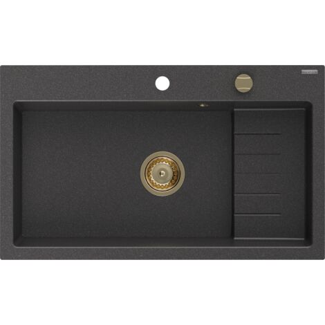 Mexen Omar Granitspüle 1-Becken 800 x 480 mm, schwarz gesprenkelt, goldener Siphon - 6520801005-76-G