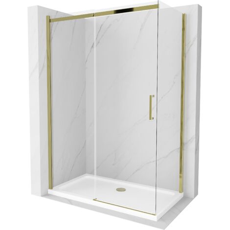Mexen Omega cabina de ducha corredera 130 x 70 cm, transparente, dorada + plato de ducha Flat - 825-130-070-50-00-4010