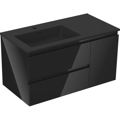 Mexen Orio armoire de salle de bain 90 cm avec lavabo Otis gauche, 2S, 1D, noir brillant/noir mat - 91A13-09047-3-BBFFF70-W18L7