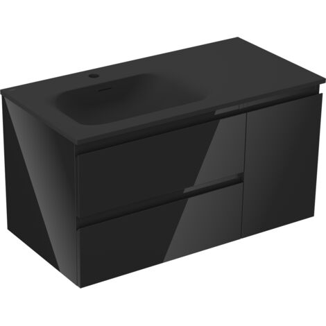 Mexen Orio Badezimmerschrank 90 cm mit Waschbecken Vela links, 2S, 1D, schwarz glänzend/schwarz matt - 91A13-09047-3-BBFFF70-W2