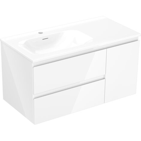 Mexen Orio Badezimmerschrank 90 cm mit Waschbecken Vela links, 2S, 1D, weiß glänzend - 91A13-09047-3-BBFFF00-W23L00
